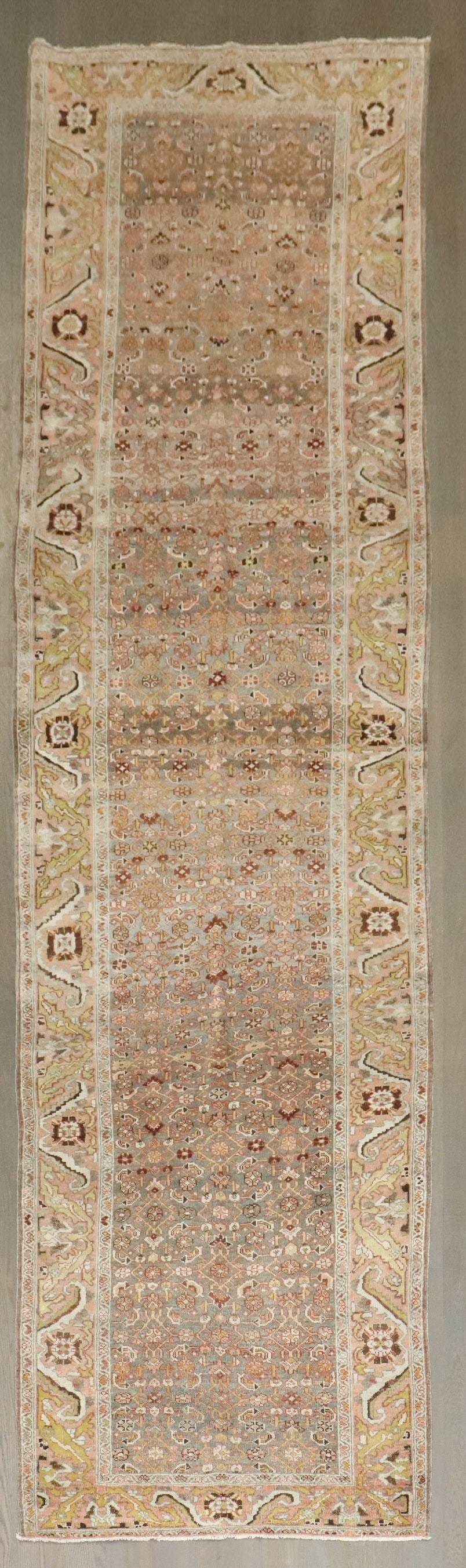 3' 6" x 12' 10" Persian Bidjar rug runner: 3' 6" x 12' 10" Persian Bidjar rug runner Vintage Persian Bidjar runner from the 1920s featuring a wide Herati design. This pre-owned rug is identified as a Bidjar runner. Specifications Type: Bidjar 