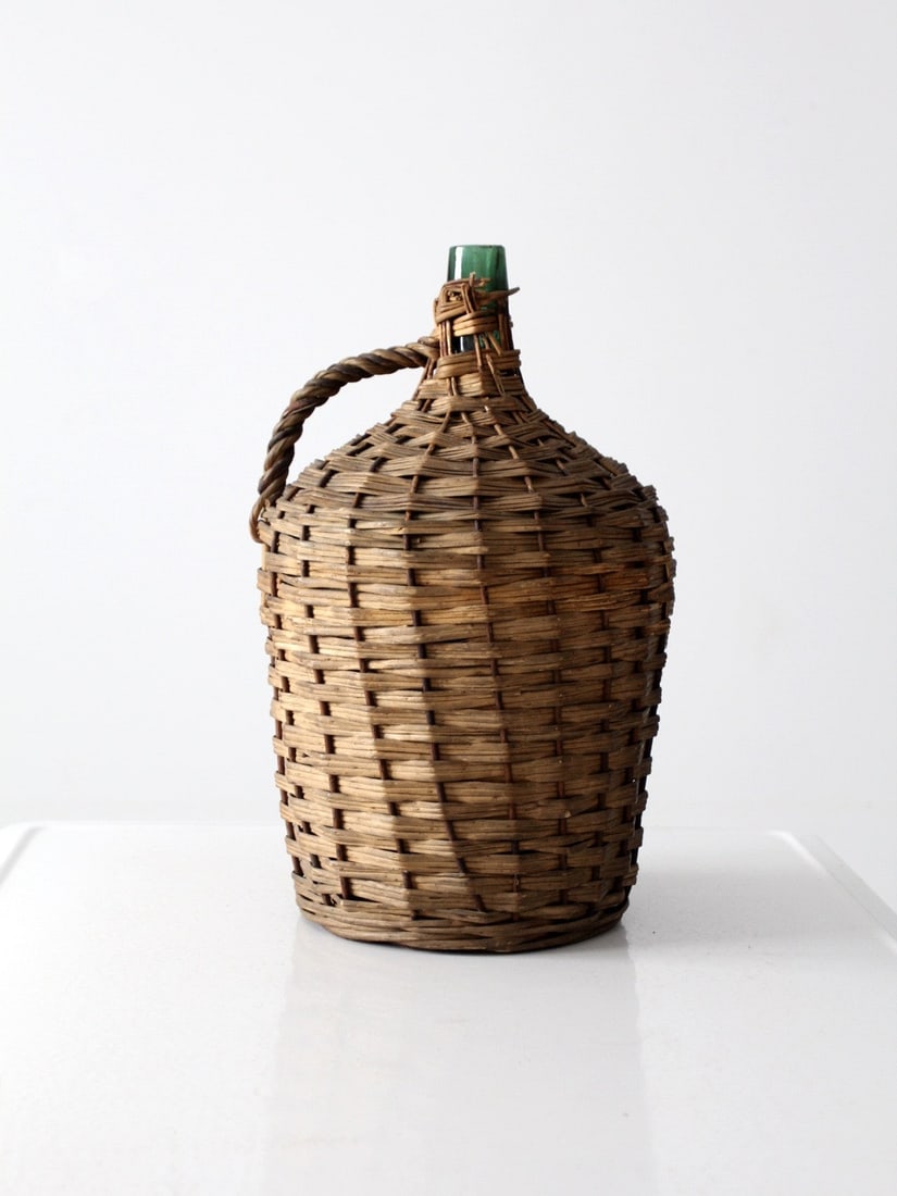 Wicker Wrapped Green Glass Wine Demijohn with Handle (1 of 5)