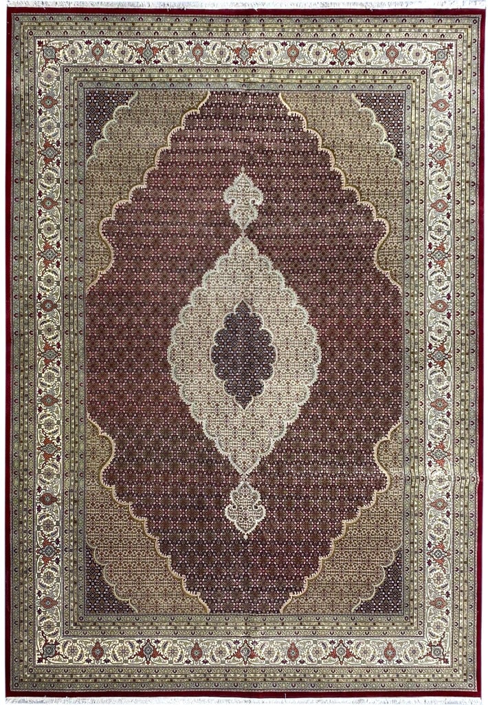 10 x 13.4 Handmade Indian Tabriz Mahi Wool Silk Area Rug: 10 x 13.4 Handmade Indian Tabriz Mahi Wool Silk Area Rug Free continental US Shipping Discover the exquisite craftsmanship of this handmade 10 x 13.4 Tabriz Mahi rug, expertly woven in India using fin