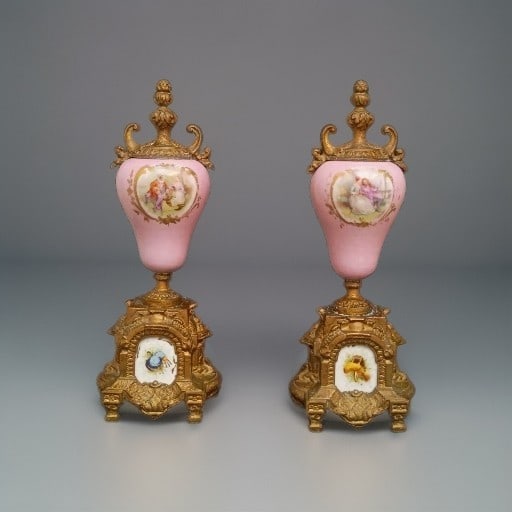 French Neo Classical Porcelain Garniture Urn Pair 10.5 in Pink H and H: French Neo Classical Porcelain Garniture Urn Pair 10.5 in Pink H and H Pair of antique French garniture urns in pink porcelain with transfer and hand-painted decoration. These late 19th century tablet