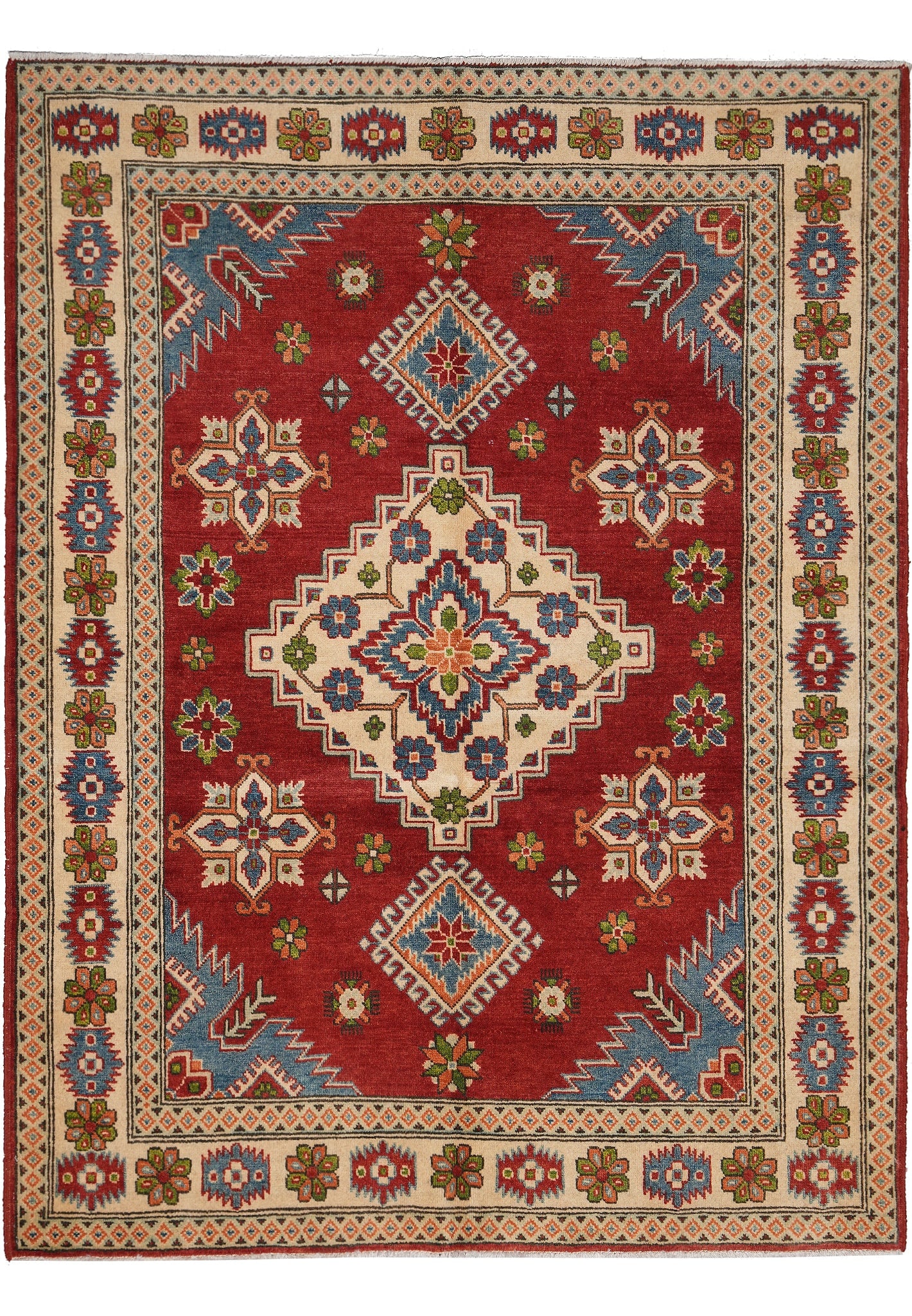 5 x 6.5 Geometric Diamond Kazak Hand-Knotted Wool Rug: 5 x 6.5 Geometric Diamond Kazak Hand-Knotted Wool Rug Free continental US Shipping This 5 x 6.5 Geometric Diamond Kazak Wool Rug features a bold Kazak-inspired geometric design with diamond-shaped med