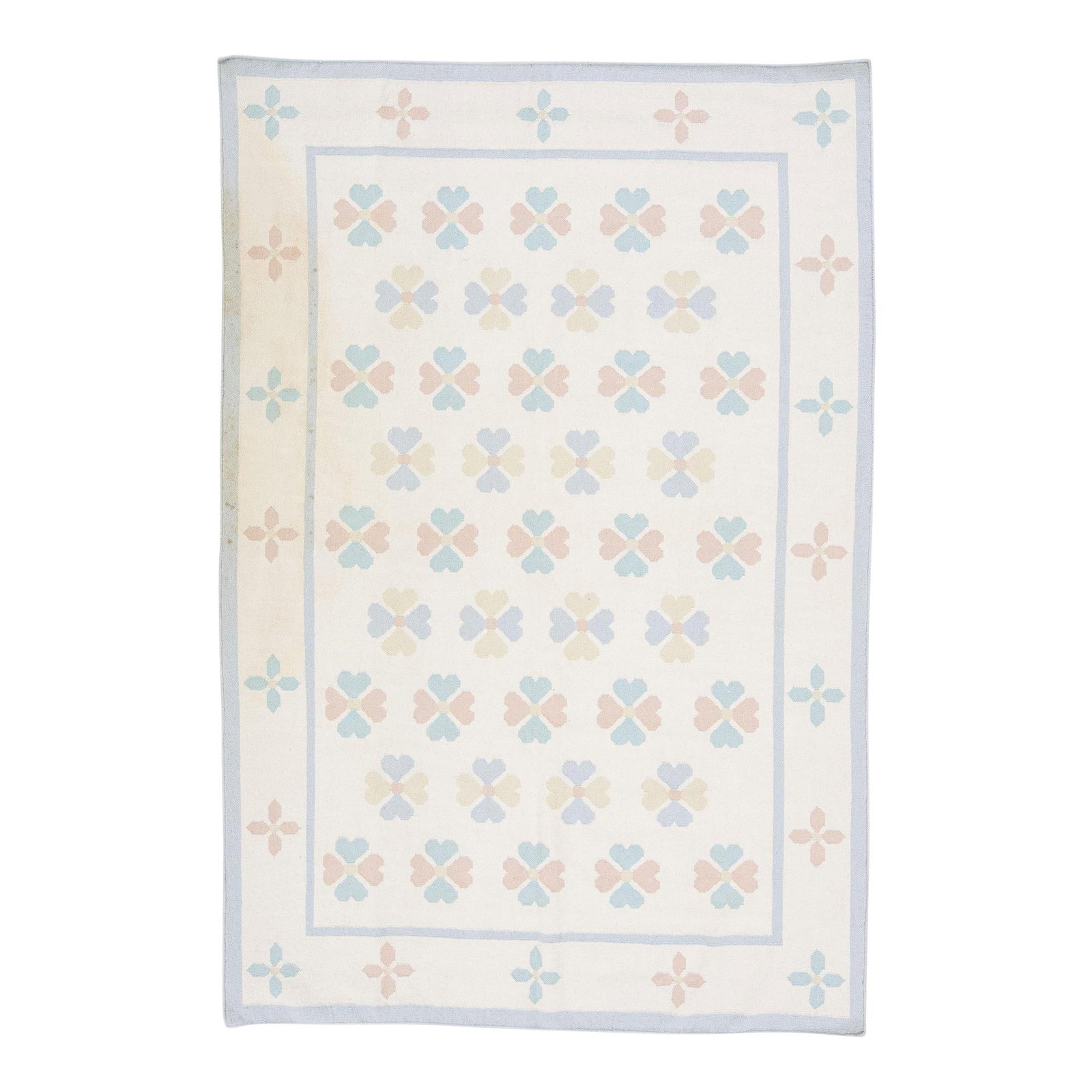 Mid-Century Vintage Kilim Floral Wool Rug 5'11 x 8'0 Ivory: Mid-Century Vintage Kilim Floral Wool Rug 5'11 x 8'0 Ivory Discover the elegance of this vintage Kilim wool rug, showcasing a stunning floral pattern in blue and peach against an ivory backdrop. This 