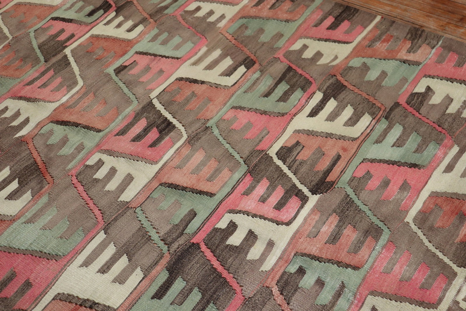 6' 7" x 11' 3" Hand Knotted Turkish Kilim Rug Geometric Design: 6' 7" x 11' 3" Hand Knotted Turkish Kilim Rug Geometric Design One-of-a-kind hand-knotted Turkish tribal Kilim flat-weave from the second quarter of the 20th century, featuring a rustic all-over geome