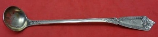Hubbard Ivy Sterling Silver Mustard Ladle 1877 5 1/4: Hubbard Ivy Sterling Silver Mustard Ladle 1877 5 1/4 Sterling silver mustard ladle in the Ivy pattern by Hubbard, dated 1877. It measures 5 1/4 inches and is monogrammed, with monograms varying. The p
