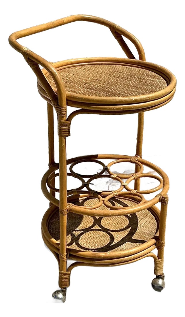 Vintage Coastal Rattan Bar Cart with Rolling Casters: Vintage Coastal Rattan Bar Cart with Rolling Casters Enhance your entertaining space with this vintage coastal woven rattan bar cart, a perfect fusion of functionality and bohemian elegance. Crafted f