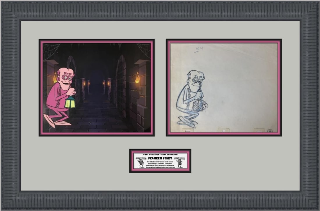 Franken Berry Production Cel Custom Framed by General Mills 1980: Franken Berry Production Cel Custom Framed by General Mills 1980 This captivating production cel features the iconic character Franken Berry from the beloved General Mills Monster Cereals franchise. C