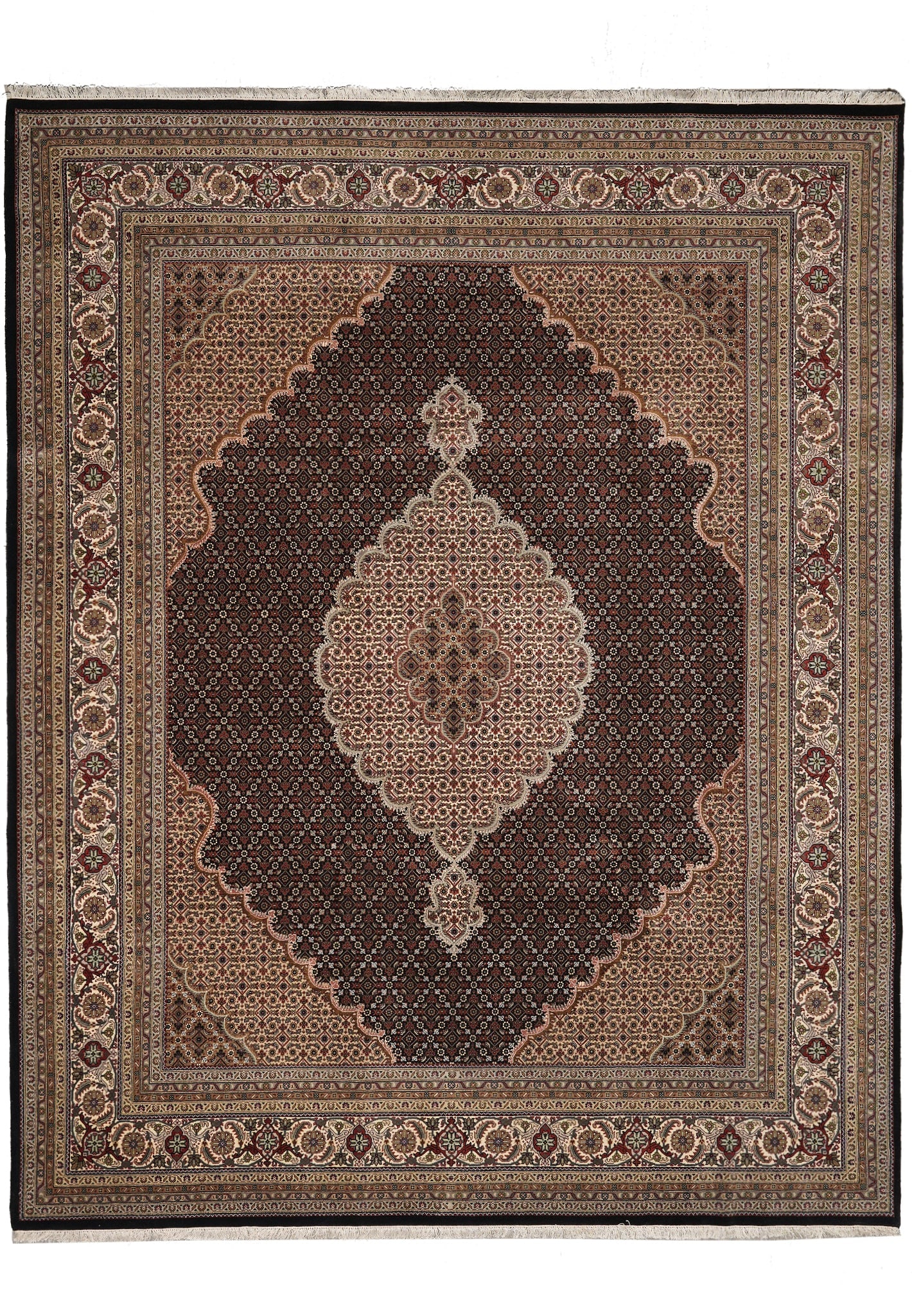 8.3 x 10.3 Black Mahi Tabriz Persian Wool Silk Area Rug: 8.3 x 10.3 Black Mahi Tabriz Persian Wool Silk Area Rug Free continental US Shipping This 8.3 x 10.3 Black Mahi Tabriz area rug is a finely hand-knotted Persian carpet crafted in Tabriz, Iran. Featuri