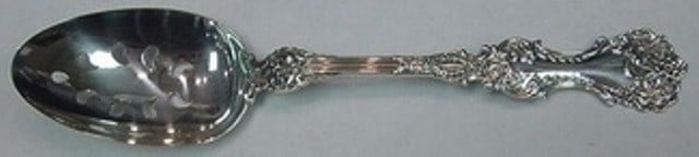 Whiting Pompadour Sterling Silver Slotted Spoon 9-Hole Custom 8 Inches: Whiting Pompadour Sterling Silver Slotted Spoon 9-Hole Custom 8 Inches This exquisite serving spoon from the Pompadour pattern by Whiting is crafted from high-quality sterling silver. Measuring 8 inch