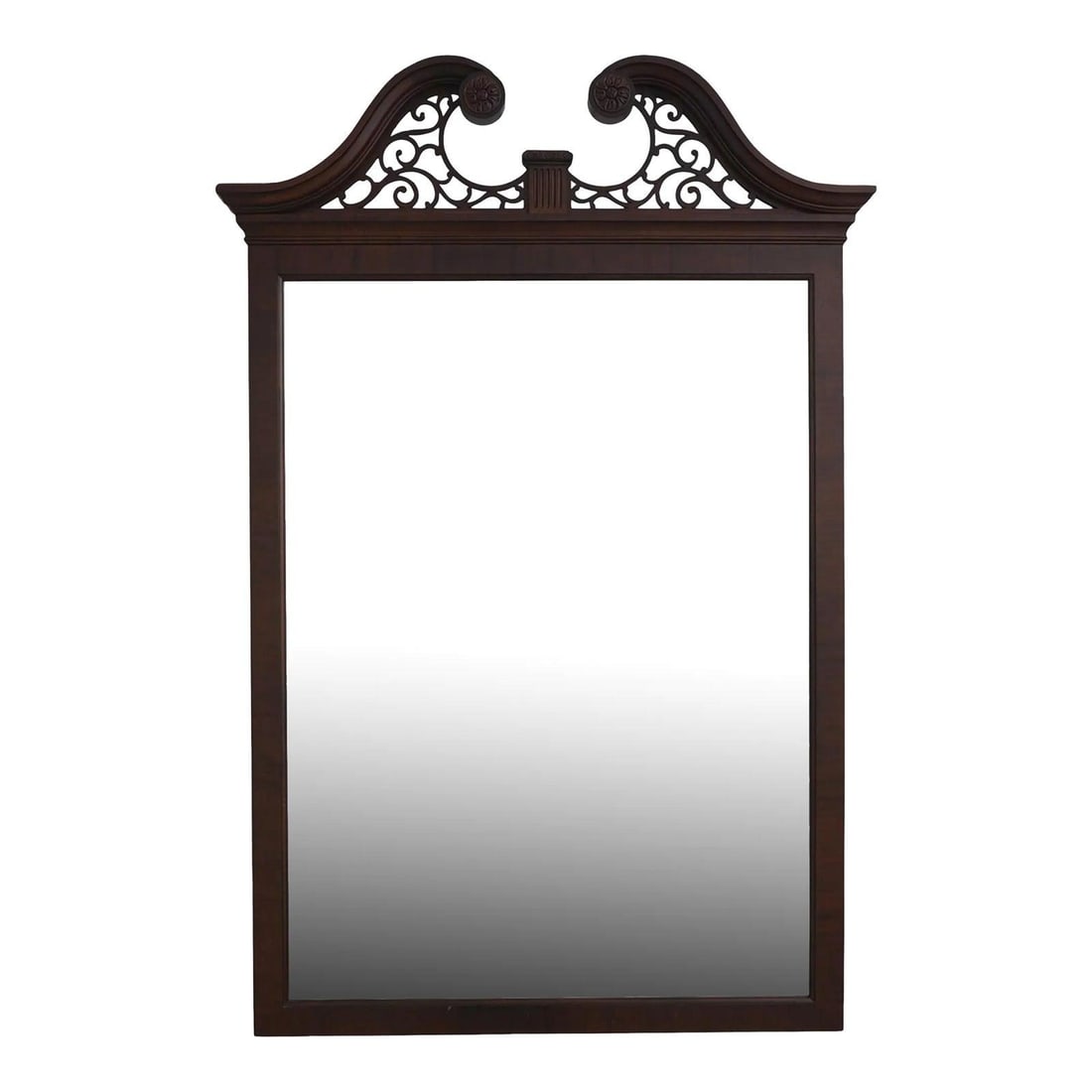 Century Chippendale Mahogany Mirror with Pierced Pediment Top: Century Chippendale Mahogany Mirror with Pierced Pediment Top This exquisite Century Chippendale mahogany mirror features a beautifully detailed pierced pediment top and is crafted from high-quality m