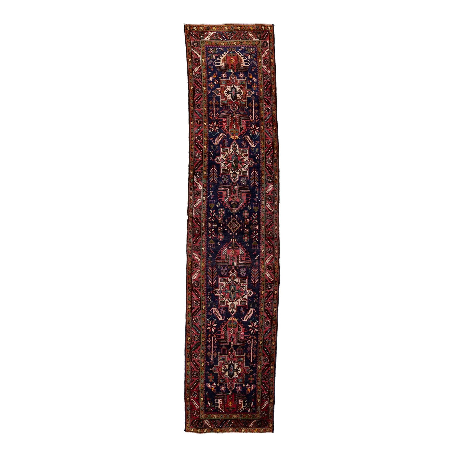 Vintage Persian Heriz Wool Runner Blue Tribal Motif 3' x 14'3: Vintage Persian Heriz Wool Runner Blue Tribal Motif 3' x 14'3 Enhance your space with this Vintage Persian Heriz Wool Runner, showcasing a captivating blue field adorned with intricate beige and red t