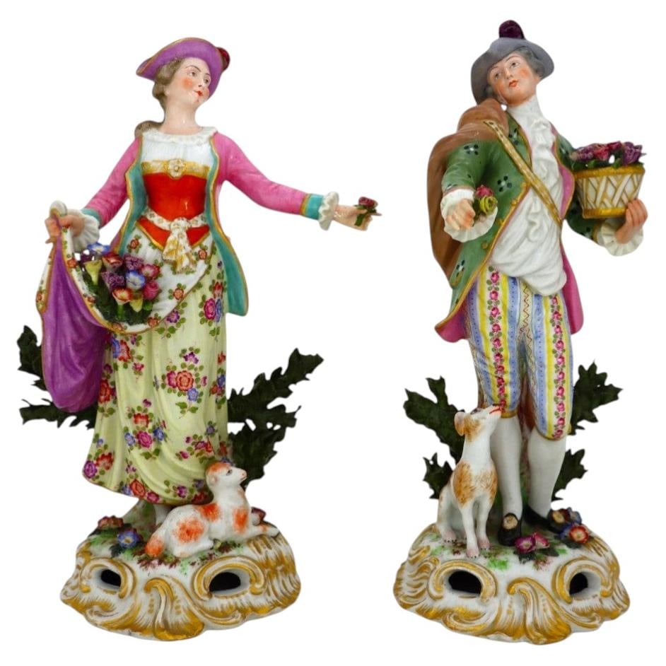 Set of 2 signed Meissen porcelain rococo couple figures c1890: Set of 2 signed Meissen porcelain rococo couple figures c1890 A pair of signed Meissen high-glaze porcelain figures depicting a Rococo couple in period attire. Each figure is hand-painted with vibrant