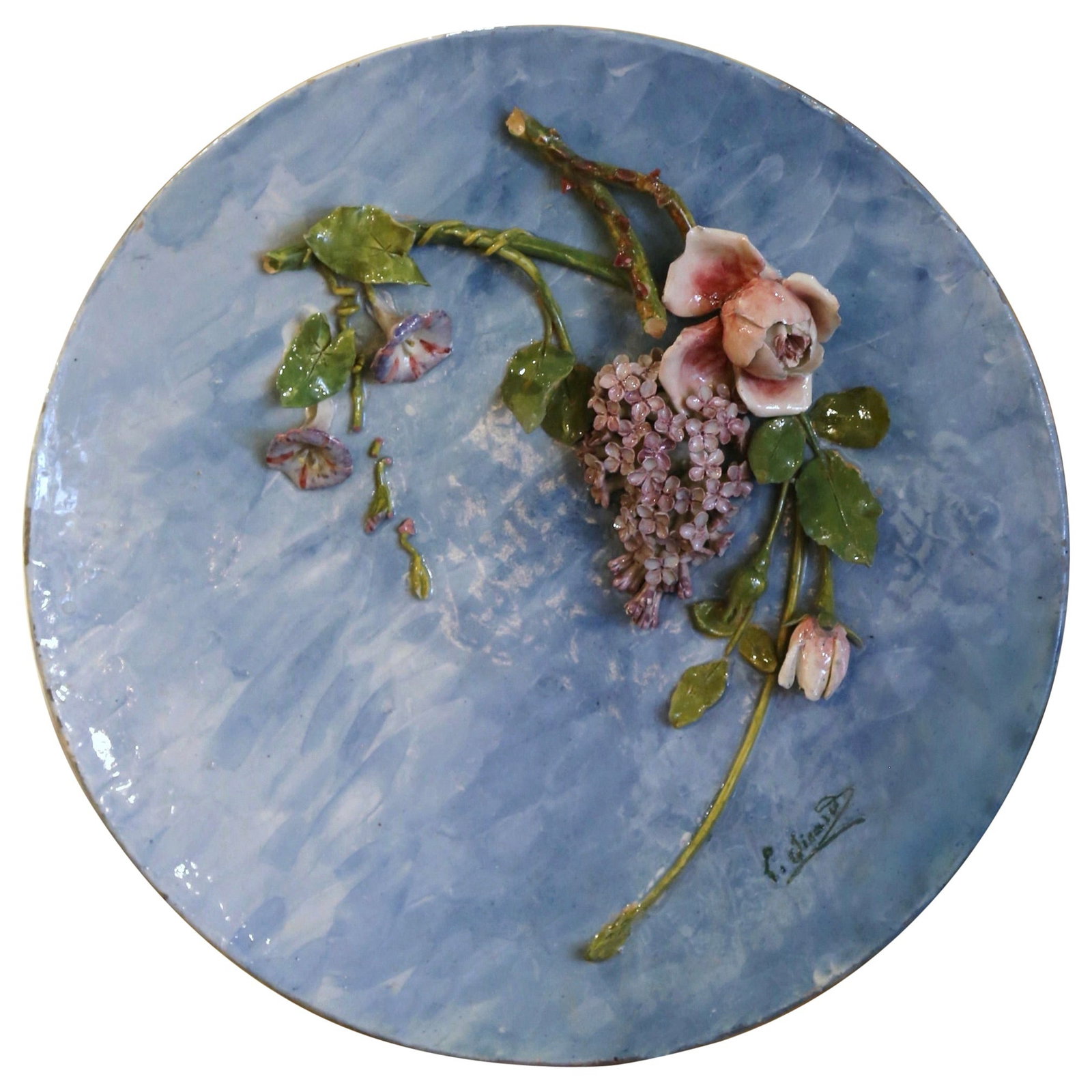 French Majolica Barbotine Platter with Floral Design Signed by Lefranc: French Majolica Barbotine Platter with Floral Design Signed by Lefranc This mid-century French barbotine platter is a hand-painted ceramic piece signed by the artist L. Lefranc and crafted circa 1930.