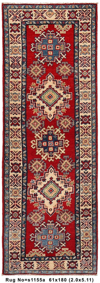 Handwoven 2' x 5.11' Kazak Runner Rug in Red Wool: Handwoven 2' x 5.11' Kazak Runner Rug in Red Wool Free continental US Shipping Enhance your home with the timeless elegance of the 2' x 6' Narrow Runner Kazak Rug. Handwoven with precision, this rug f