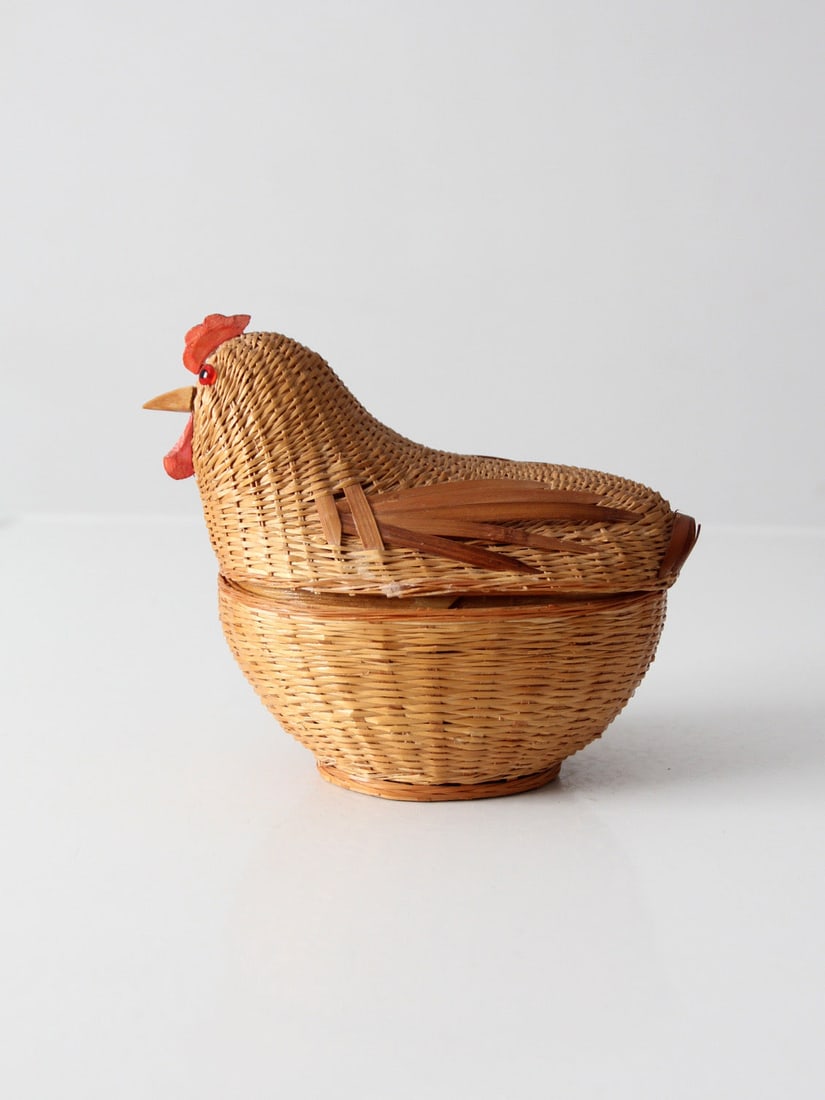 Woven Wicker Hen Storage Basket with Lid 7 inch wide: Woven Wicker Hen Storage Basket with Lid 7 inch wide This vintage wicker chicken basket features a hand-shaped design with a warm natural tone and detailed woven craftsmanship. The lid opens to reveal
