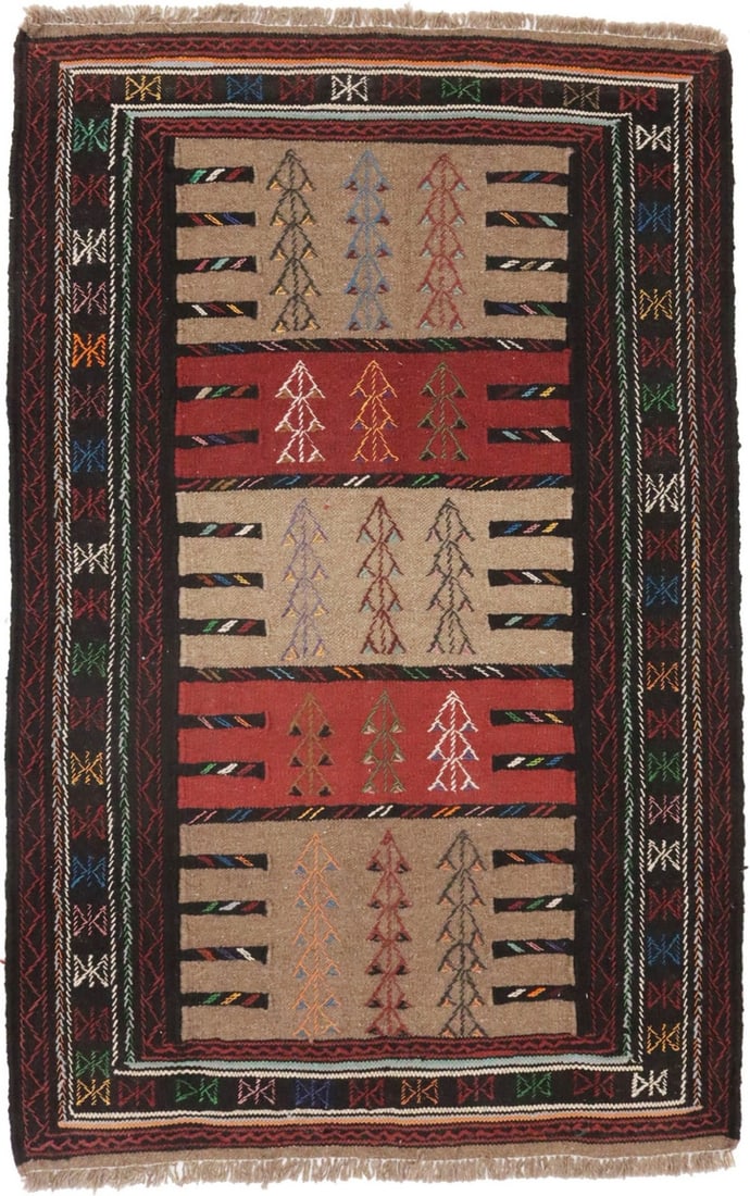 Hand-Woven Wool Sumak Herati Area Rug 3'8 x 5'10 Tribal Khaki Flatweave (1 of 13)