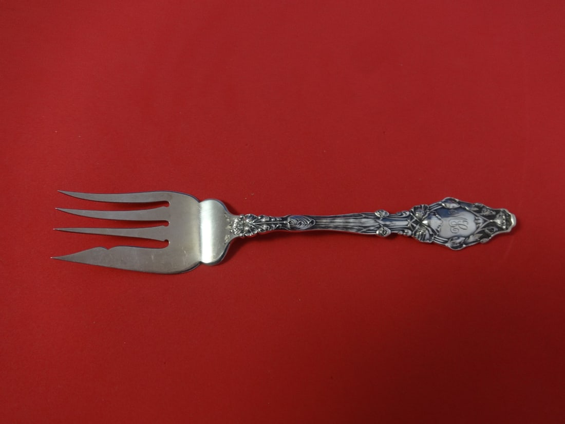 Gorham Virginiana Sterling Silver Serving Fork Monogrammed 7 1/4: Gorham Virginiana Sterling Silver Serving Fork Monogrammed 7 1/4 Sterling silver cold meat fork in the Virginiana pattern by Gorham. This serving fork is monogrammed, with monos varying, and is descri