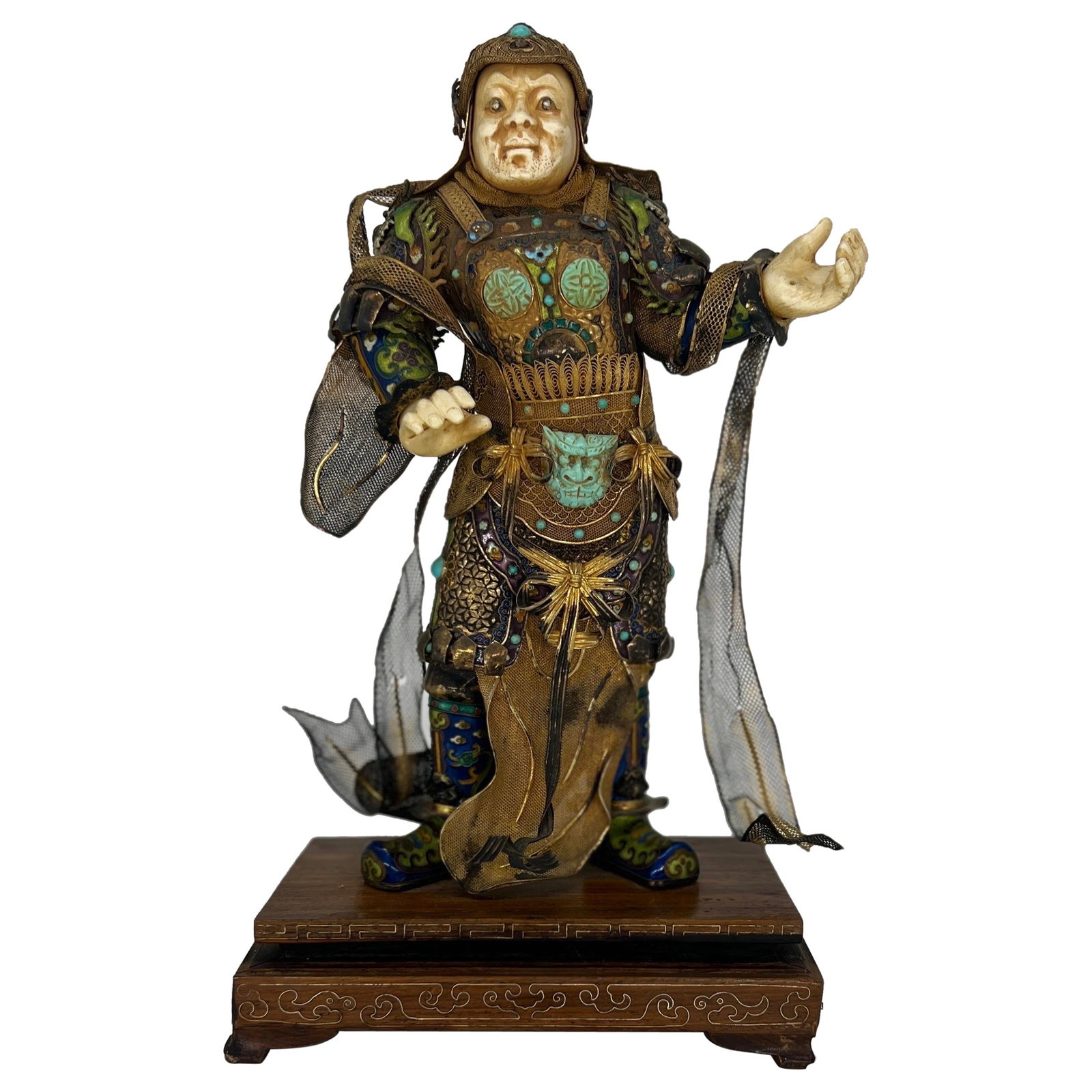 20th Century Chinese Silver Gilt Enamel Turquoise Immortal Figurine: 20th Century Chinese Silver Gilt Enamel Turquoise Immortal Figurine This exquisite Antique Chinese Silver Gilt, Enamel & Turquoise Mounted Immortal Figurine showcases exceptional craftsmanship from th