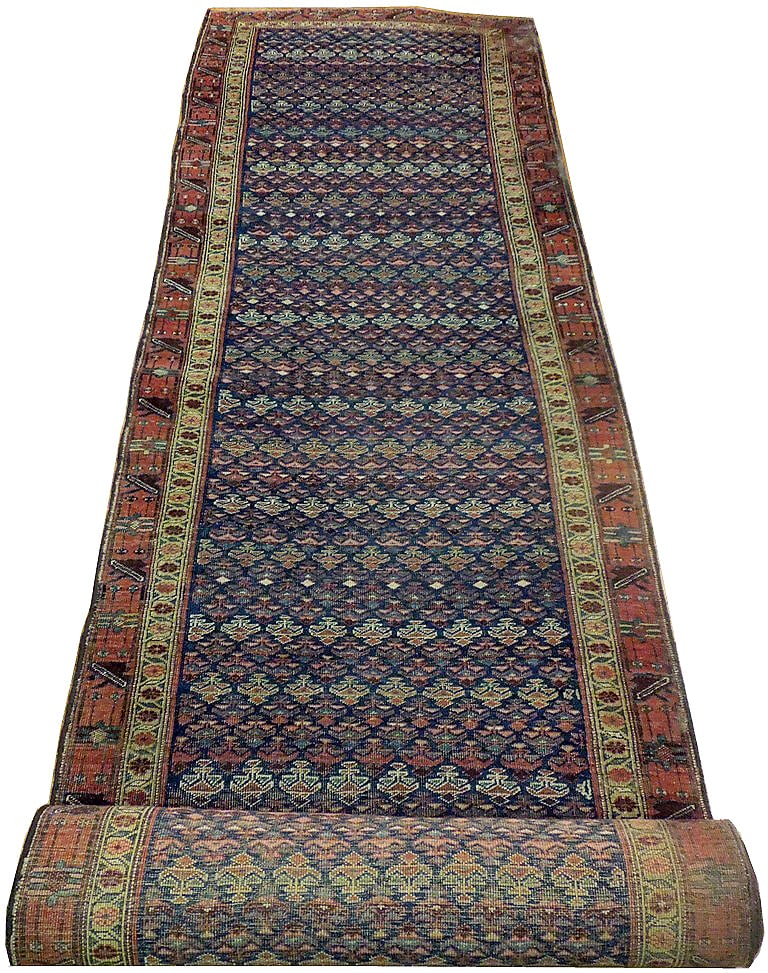 3.5 x 13.9 Blue Antique Herati Hand-knotted Runner Rug: 3.5 x 13.9 Blue Antique Herati Hand-knotted Runner Rug Free continental US Shipping Transform your home with this exquisite 3.5 x 13.9 Blue Antique Herati Hand-knotted Runner Area Rug. This stunning p