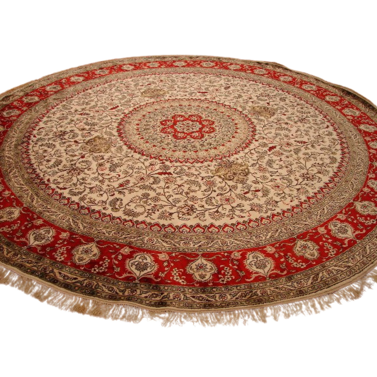 10 x 10 Feet Hand-Knotted Pure Silk Round Rug Luxurious Design: 10 x 10 Feet Hand-Knotted Pure Silk Round Rug Luxurious Design Free continental US Shipping This 10 x 10 foot hand-knotted round rug is crafted entirely from pure silk, showcasing exceptional artistry