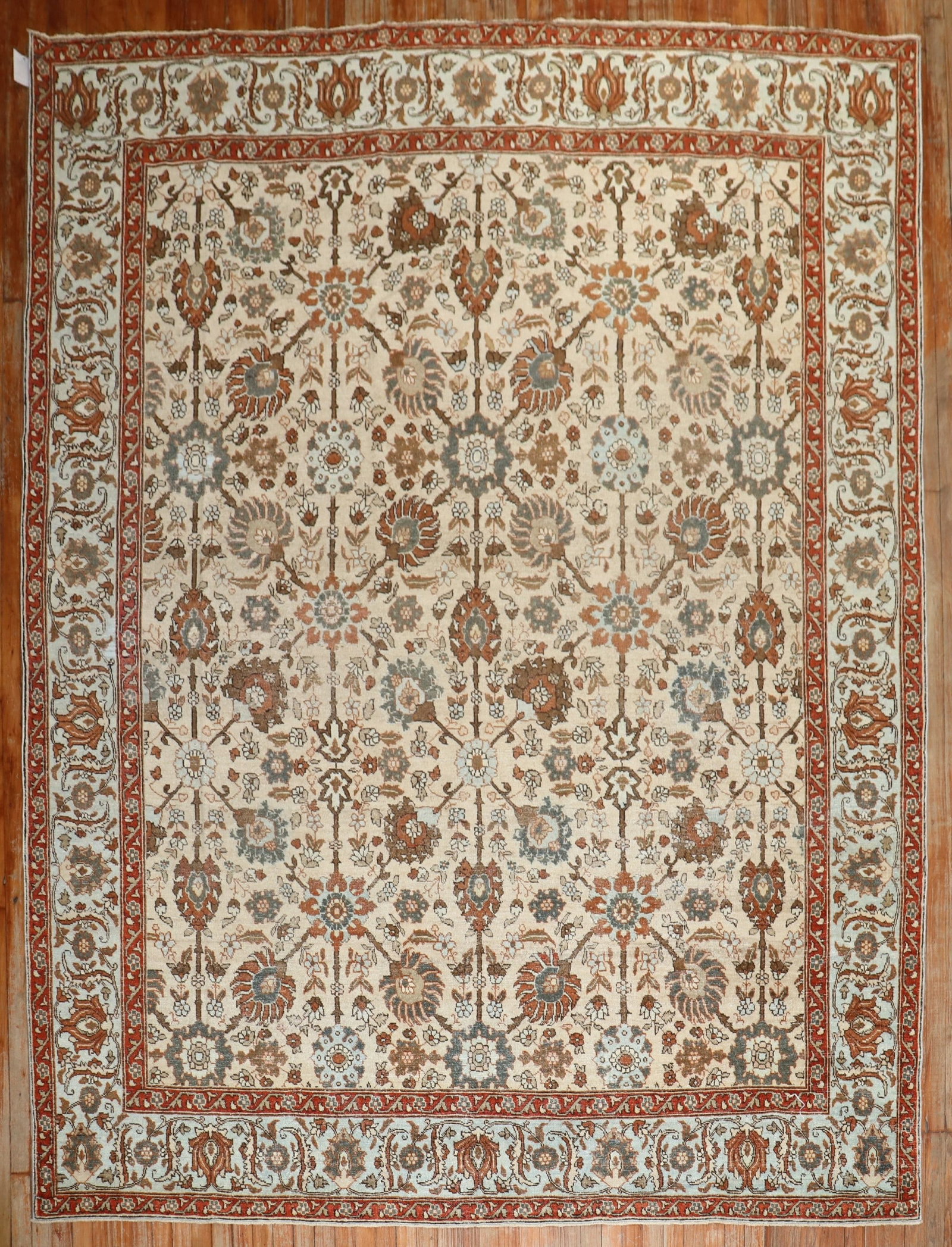 8' 5" x 10' 6" Persian Tabriz Room Rug Khaki Ground: 8' 5" x 10' 6" Persian Tabriz Room Rug Khaki Ground Antique Persian Tabriz room rug from the 1920s featuring an all-over design with slate, brown, and gray accents on a khaki ground. Pre-owned. Specif