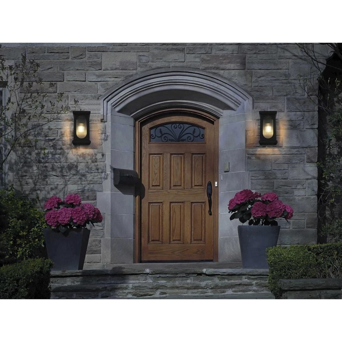 Ribbed Glass Black Outdoor Wall Lantern 13.5 Inch Iron Fixture for Patio or Porch (1 of 9)