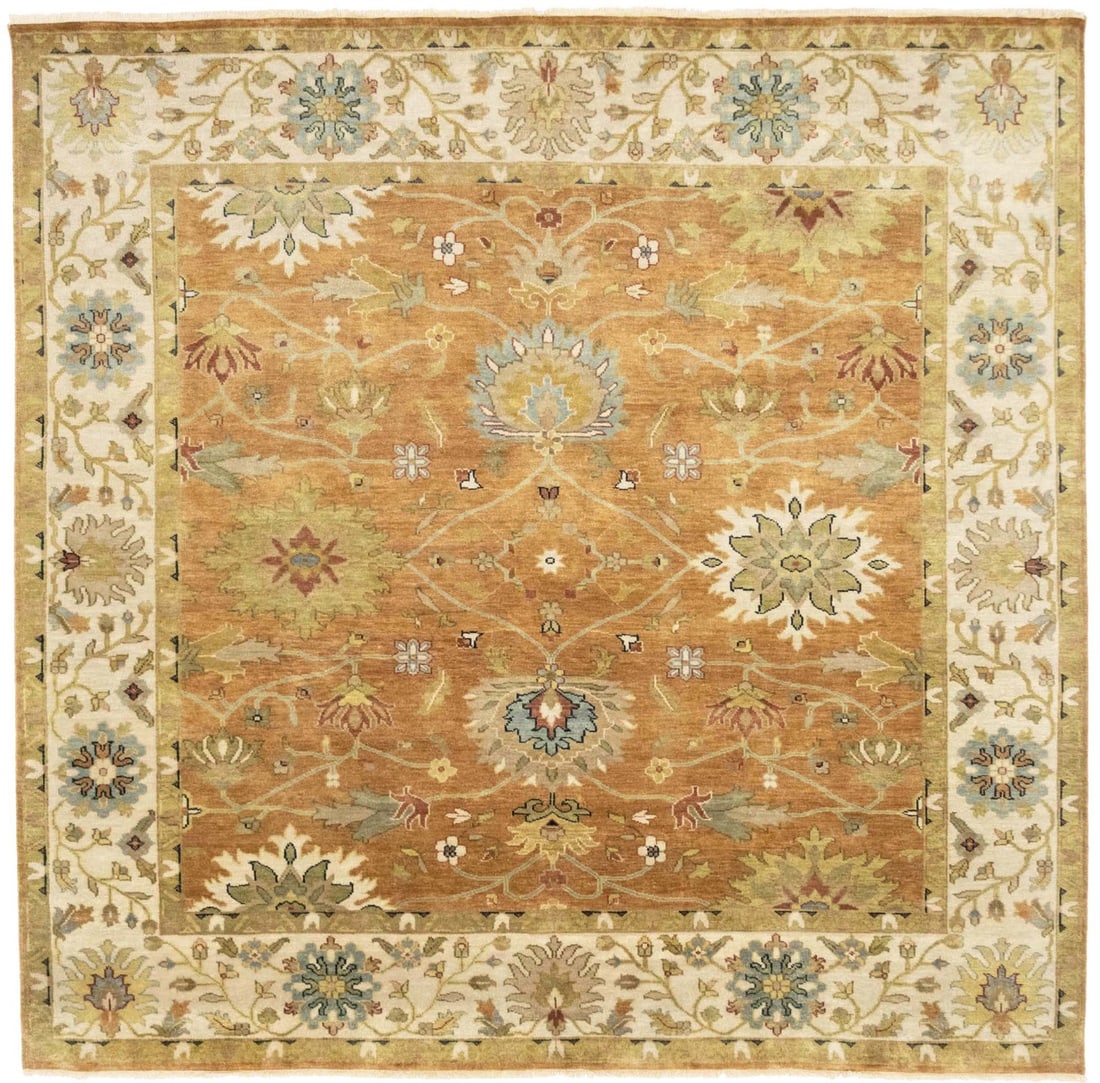 Handmade 8x8 ft Rust Wool Floral Square Rug Modern Style: Handmade 8x8 ft Rust Wool Floral Square Rug Modern Style Elevate your space with this exquisite 8X8 ft Handmade Rust Wool Chobi Oriental Square Rug, perfect for adding a touch of elegance to any room,