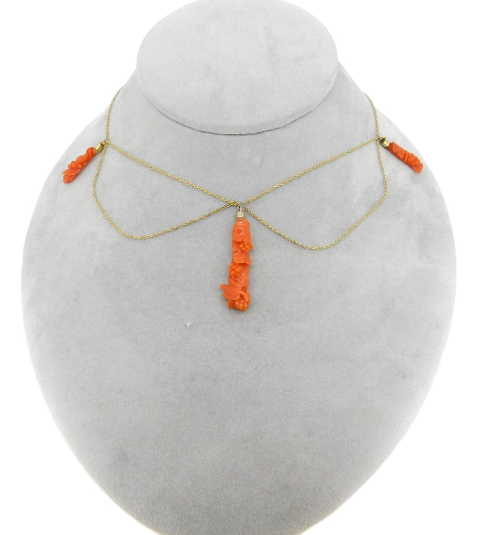 14k Gold Victorian Festoon Necklace with Carved Coral and Bird (1 of 6)