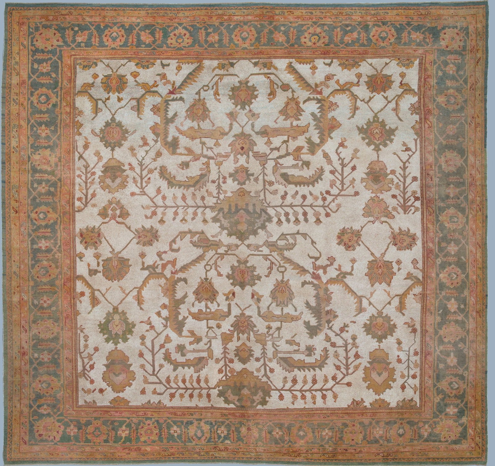 18' 3" x 18' 4" Antique Turkish Oushak Square Rug: 18' 3" x 18' 4" Antique Turkish Oushak Square Rug Early 20th century antique Turkish Oushak rug in an oversized square format. This pre-owned piece features the classic Oushak style and presents an in