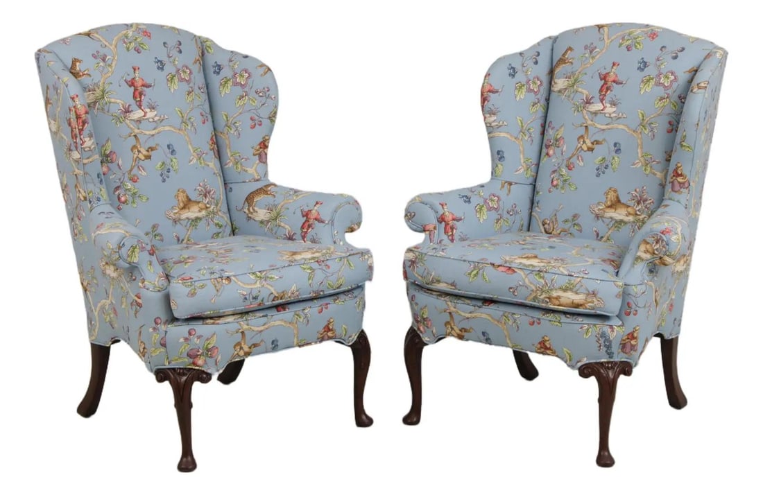 Pair of Wing Chairs in Jungle Boogie Monkey Toile Upholstery (1 of 10)