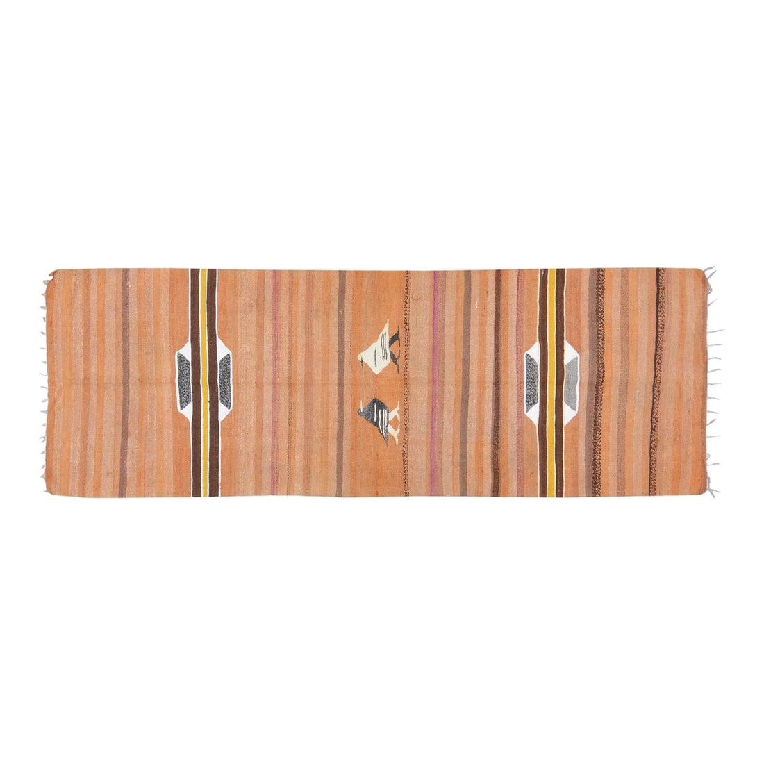 Chinese Kilim Wool Rug With Animal Motif 3x8'2 Vintage 1960s: Chinese Kilim Wool Rug With Animal Motif 3x8'2 Vintage 1960s This vintage 1960s Chinese flatweave kilim rug features natural colors and an animal pattern. Crafted from wool, it showcases an orange hue