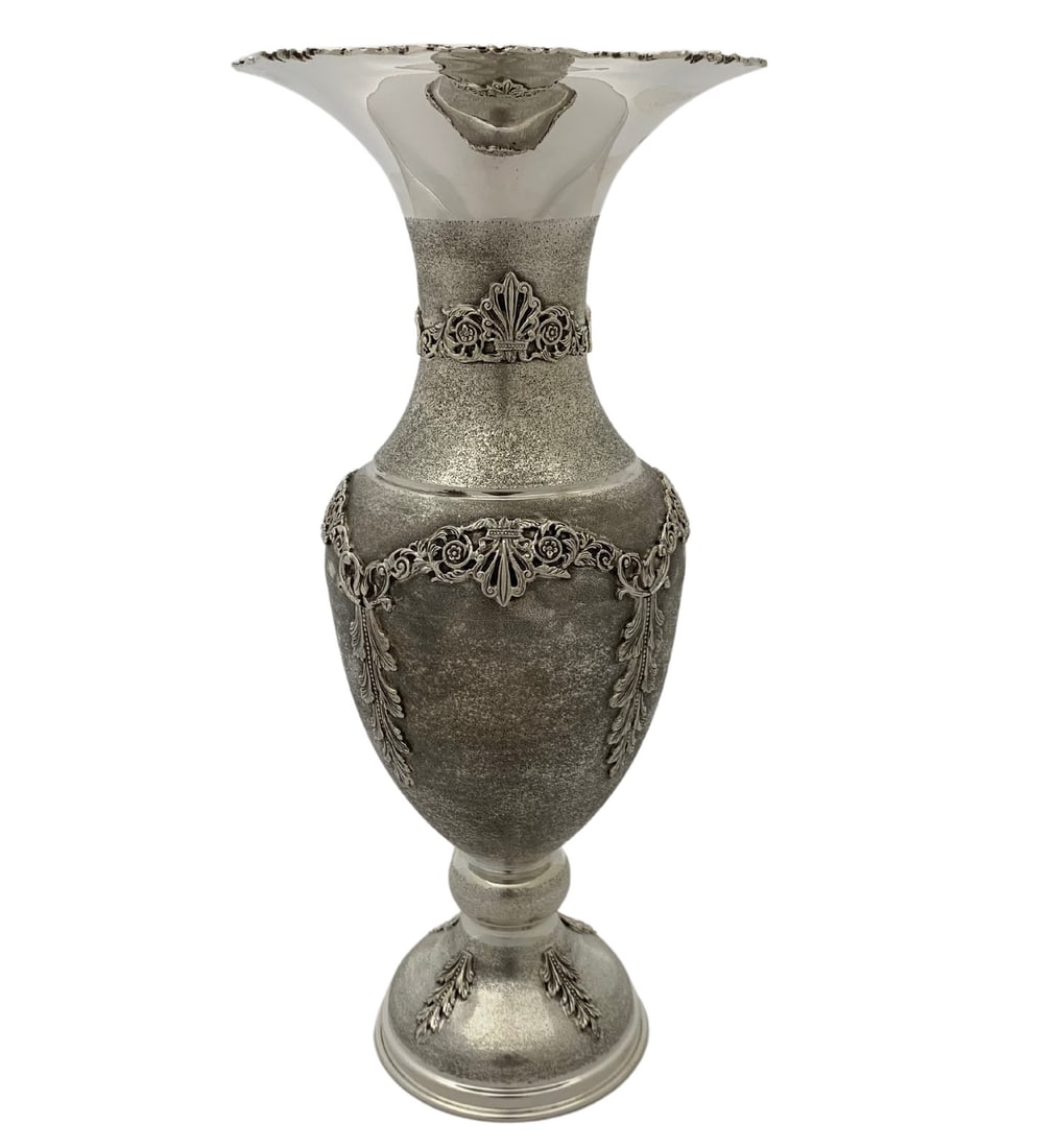 Elegant Handmade 15.5 Inch 925 Sterling Silver Floral Vase: Elegant Handmade 15.5 Inch 925 Sterling Silver Floral Vase This exquisite tall flower vase is crafted from fine 925 sterling silver, showcasing a stunning handmade floral and leaf applique design. The