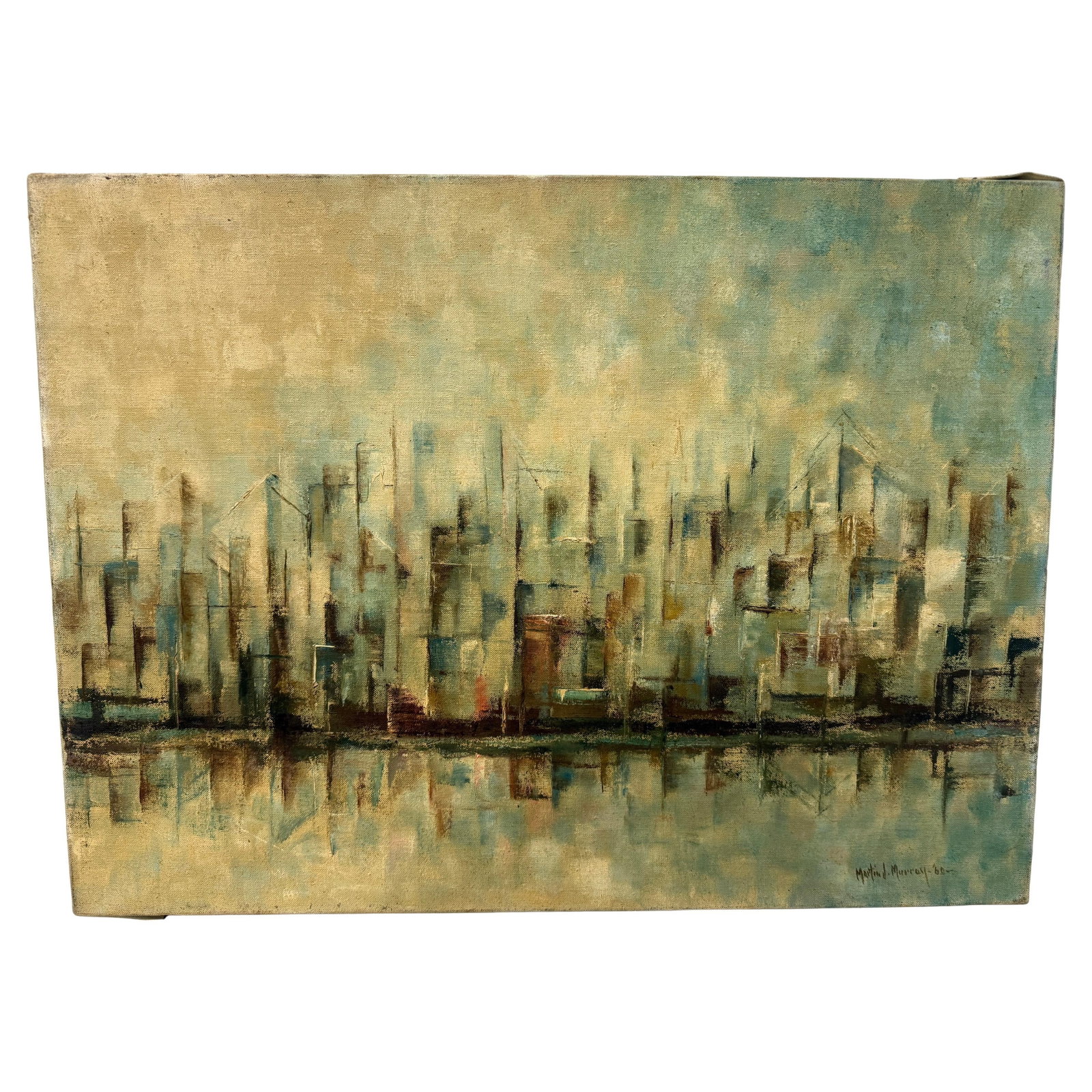 Waterfront No II by Martin J Murray 1960 Mid Century Oil Painting on Canvas: Waterfront No II by Martin J Murray 1960 Mid Century Oil Painting on Canvas This oil on canvas painting, titled "Waterfront #2" and created in 1960 by Martin J. Murray (Rhode Island, 1908-1997), depic