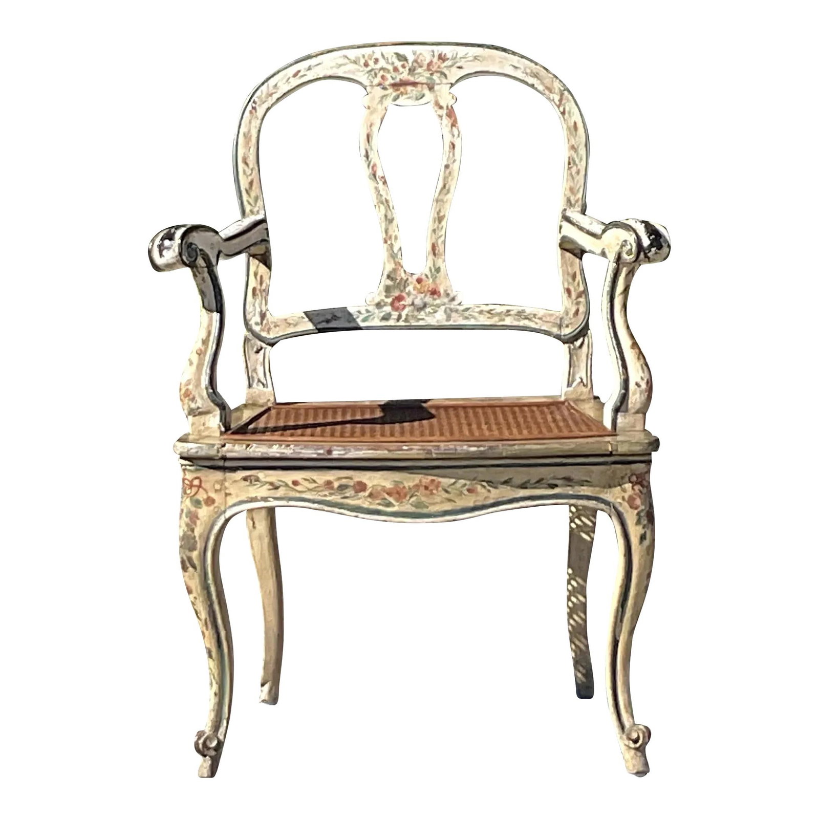 Vintage Venetian Hand Painted Cane Chair Boho Style: Vintage Venetian Hand Painted Cane Chair Boho Style Introducing a vintage Regency Venetian hand-painted cane chair that embodies the charm of Boho style. Featuring a distinctive tortoise bamboo frame,