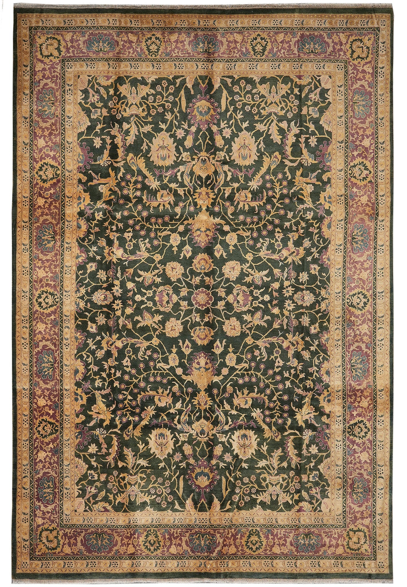 9.9 x 14 Handmade Agra Rug Green Lavender Hand Knotted Wool: 9.9 x 14 Handmade Agra Rug Green Lavender Hand Knotted Wool Free continental US Shipping This quality handmade Agra rug features a soothing green and lavender color palette with a classic floral and v