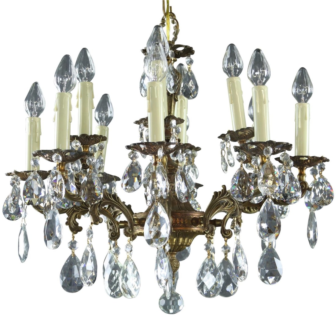 Elegant 1950s French Rococo Style Bowl Chandelier 12-Light Antique Brass: Elegant 1950s French Rococo Style Bowl Chandelier 12-Light Antique Brass Illuminate your space with this stunning 1950s French Vintage Style Chandelier, featuring a beautifully crafted Rococo design.
