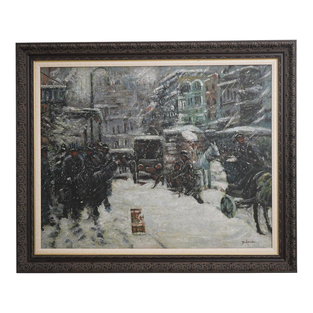 Framed snowy town scene oil on canvas signed D. Masson: Framed snowy town scene oil on canvas signed D. Masson Artist-signed winter oil painting on canvas depicting a snowy town scene. This large hand-painted work has an impressionist style and is professi