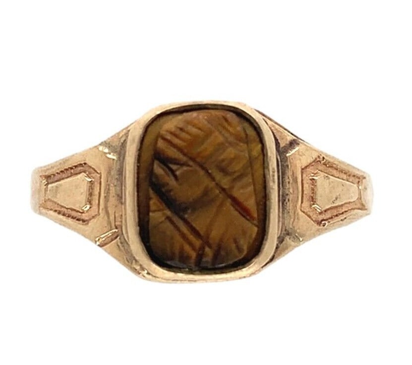 Victorian 9k Rose Gold Tiger's Eye Quartz Cameo Ring Size 6: Victorian 9k Rose Gold Tiger's Eye Quartz Cameo Ring Size 6 This exquisite Victorian-era ring features a stunning 9k rose gold setting, complete with a genuine natural tiger's eye quartz carved cameo.