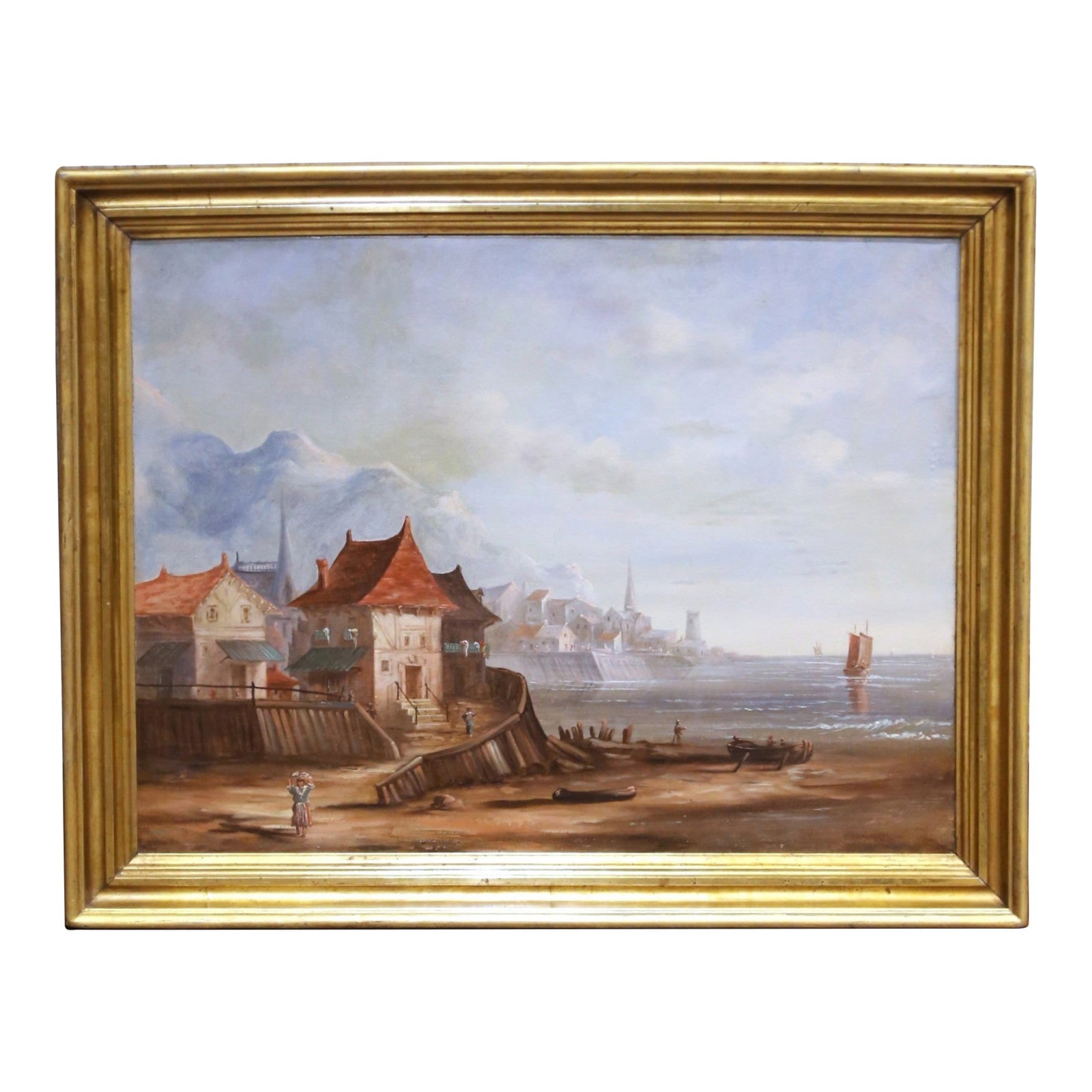 French Harbor Seascape Oil on Canvas in Giltwood Frame circa 1880: French Harbor Seascape Oil on Canvas in Giltwood Frame circa 1880 Late 19th century French marine oil painting depicting a coastal harbor scene with a seaside village, calm waters, sailing vessels, an