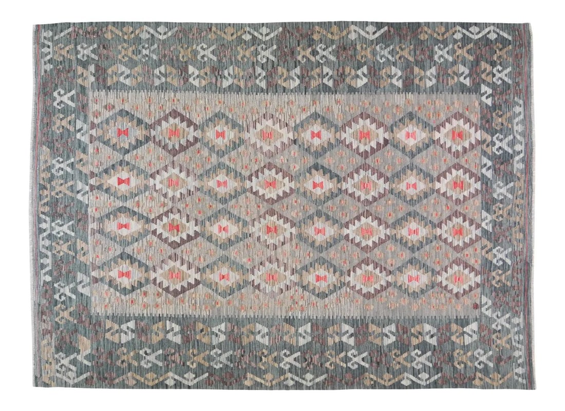 Vintage Maimana Tribal Kilim Rug Organic Wool Geometric Natural Colors 6'10"x9'8": Vintage Maimana Tribal Kilim Rug Organic Wool Geometric Natural Colors 6'10"x9'8" This vintage Afghan Maimana tribal kilim is hand woven using organic wool and natural colors. Featuring a geometric pa