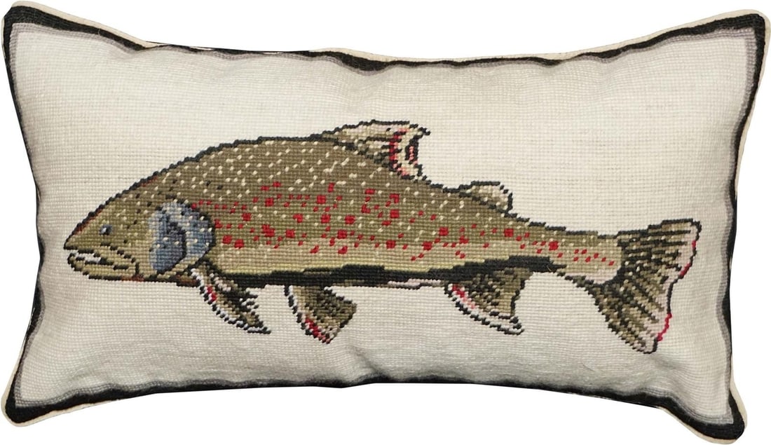 Handmade Needlepoint Wool Pillow with Swimming Bull Trout 12x21 Inches: Handmade Needlepoint Wool Pillow with Swimming Bull Trout 12x21 Inches This hand-made needlepoint pillow features a detailed depiction of a swimming bull trout, perfect for adding a wildlife-inspired 