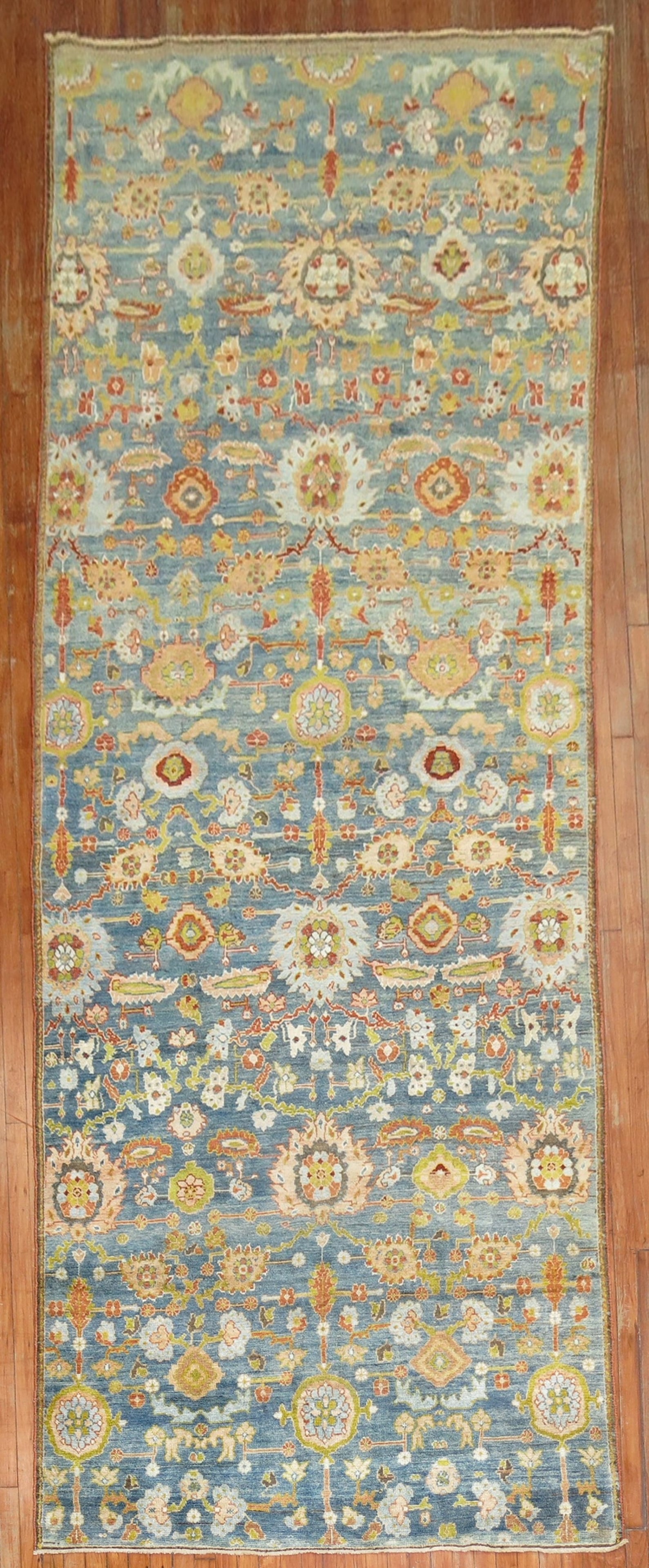 5' 1" x 14' 1" Persian Malayer Gallery Runner: 5' 1" x 14' 1" Persian Malayer Gallery Runner Early 20th century Persian Malayer gallery runner in an antique blue and green palette. This pre-owned rug is identified as a Malayer type and gallery cat