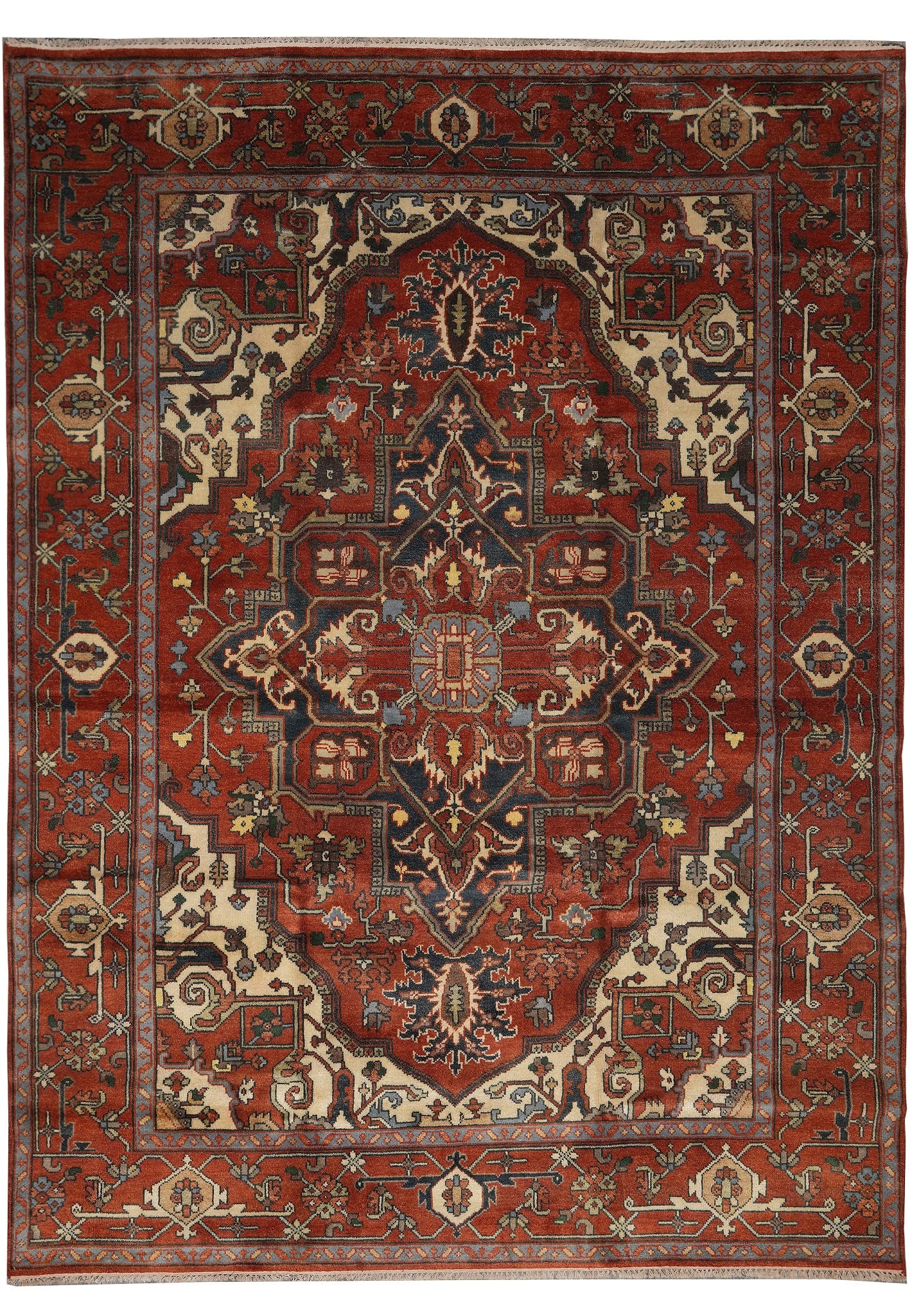 9 x 12 Handmade Heriz Serapi Wool Rug Geometric Medallion: 9 x 12 Handmade Heriz Serapi Wool Rug Geometric Medallion Free continental US Shipping Handmade Heriz Serapi rug in a 9 x 12 size, crafted from nice quality wool with a hand-knotted wool pile. The des