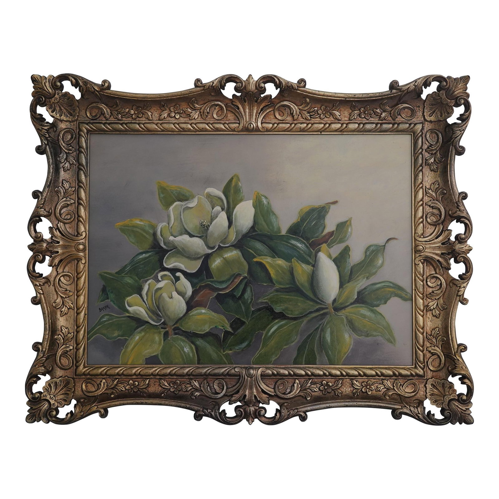 Baker Signed 1960s Magnolia Oil Painting on Masonite Board: Baker Signed 1960s Magnolia Oil Painting on Masonite Board This exquisite oil painting features a stunning magnolia, hand-painted on masonite board, and showcases the artistic flair of the 1960s. The 