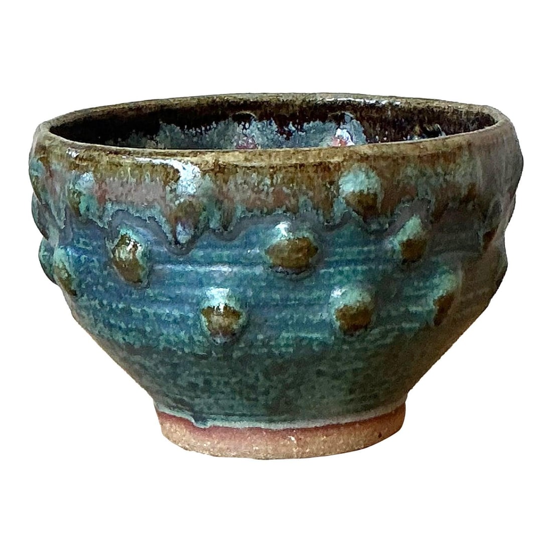 Artisan Studio Stoneware Bowl With Iridescent Glaze and Ceramic Dot Detailing: Artisan Studio Stoneware Bowl With Iridescent Glaze and Ceramic Dot Detailing This vintage studio pottery bowl features a striking, layered glaze in shimmering blues, greens, and copper tones, creatin