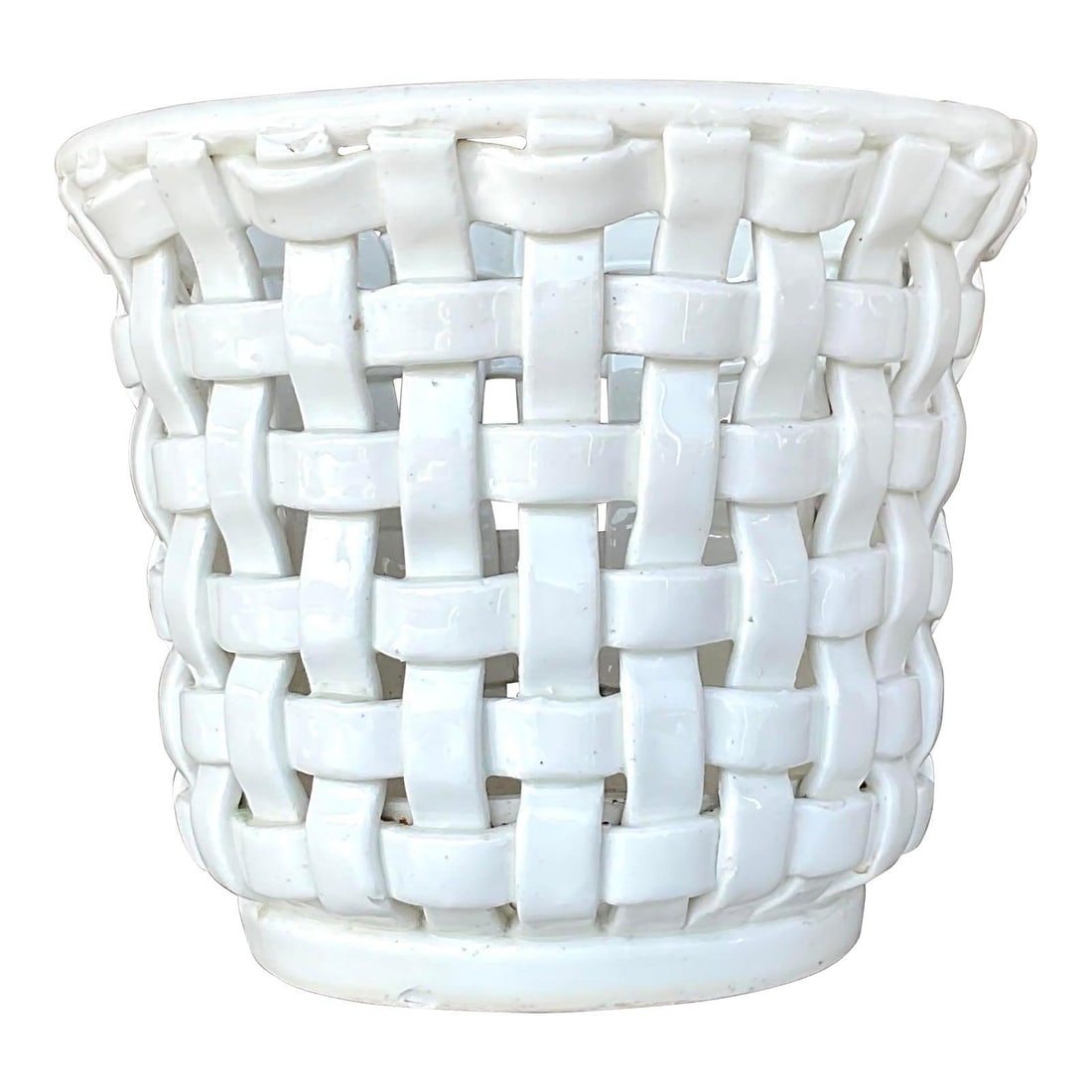 White Glazed Ceramic Lattice Basket Hollywood Regency Planter 10x10x9 Inch (1 of 6)