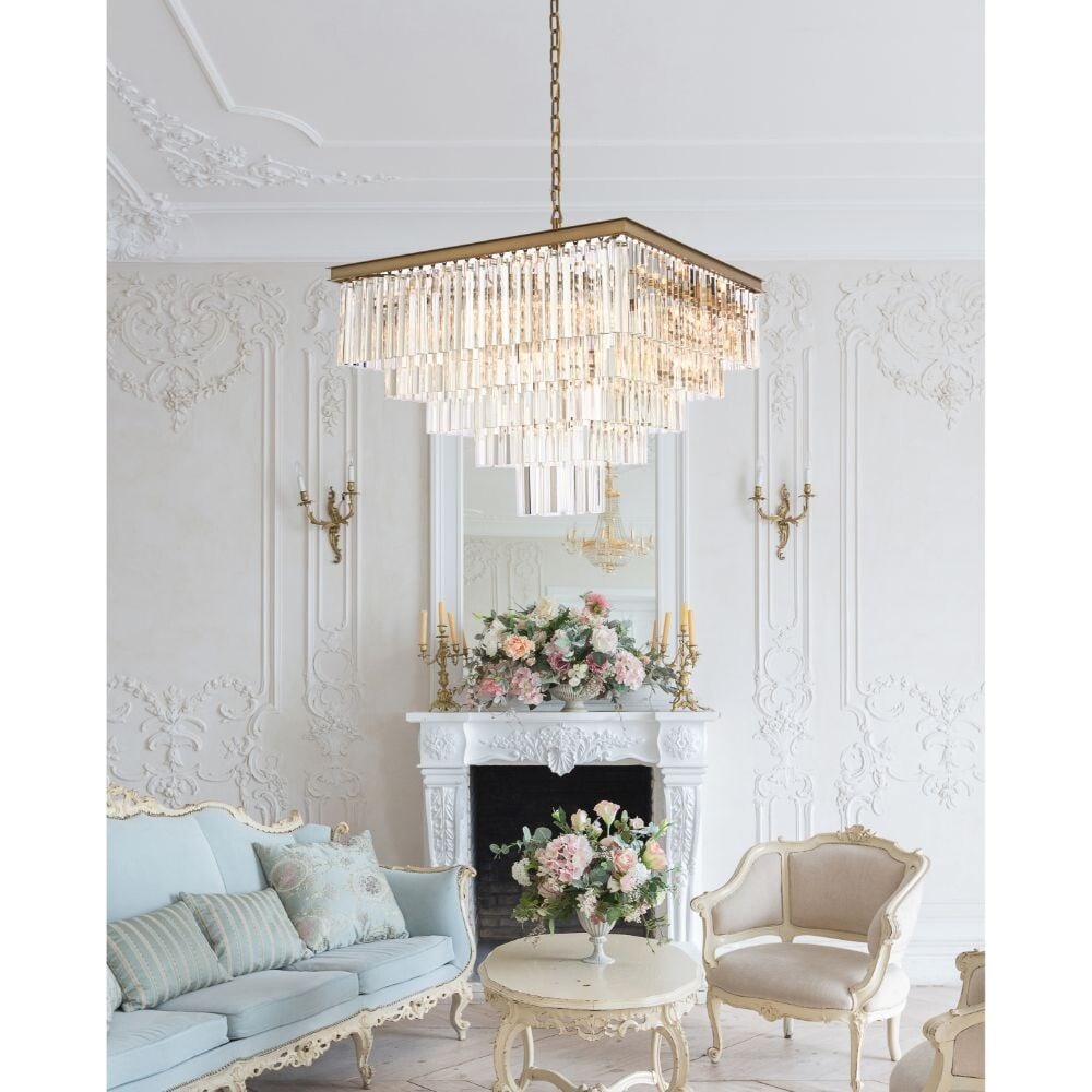 Sydney 21 Light Crystal Chandelier Satin Gold 34 in: Sydney 21 Light Crystal Chandelier Satin Gold 34 in Contemporary 21-light chandelier in a satin gold finish with clear Royal Cut crystals. Designed for indoor use, this hardwired ceiling fixture featu
