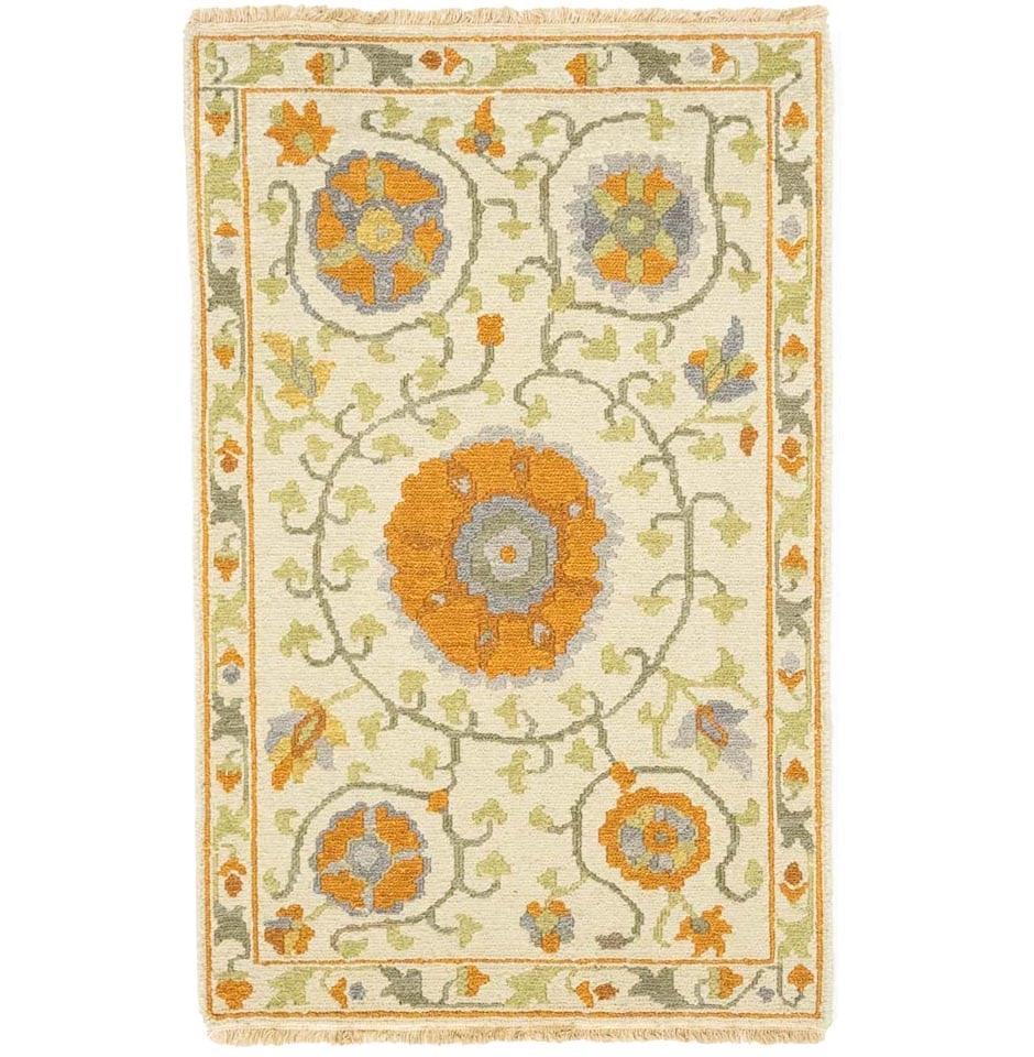 Cream Floral Wool Sumak Entry Rug Handwoven Vintage Style 2x3 Ft: Cream Floral Wool Sumak Entry Rug Handwoven Vintage Style 2x3 Ft This handmade Sumak wool oriental rug features a classic floral pattern in cream, light olive, orange, and gray tones. Woven using trad