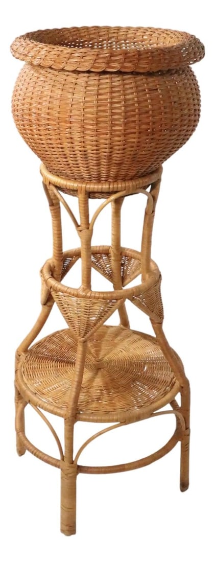 1970s Brown Wicker Jardiniere With Matching Pedestal Stand (1 of 10)