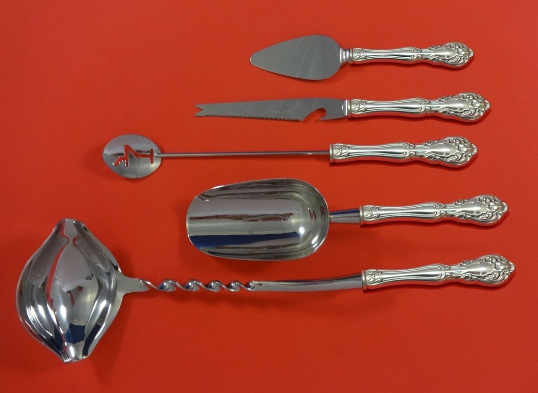5 Piece Sterling Silver Hostess Set Alvin Chateau Rose Bar Serving: 5 Piece Sterling Silver Hostess Set Alvin Chateau Rose Bar Serving A 5-piece custom-made cocktail party bar serving set in the Chateau Rose pattern by Alvin. The set features sterling silver hollow ha