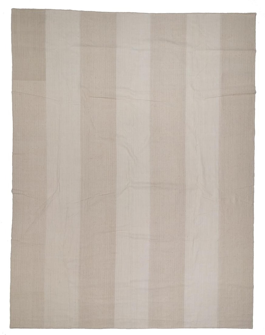 10' 3" x 13' 4" Striped Turkish Kilim Room Rug: 10' 3" x 13' 4" Striped Turkish Kilim Room Rug A 20th century Turkish kilim with a minimalist striped design. This pre-owned room-size rug features alternating light beige and cream tones for a clean,